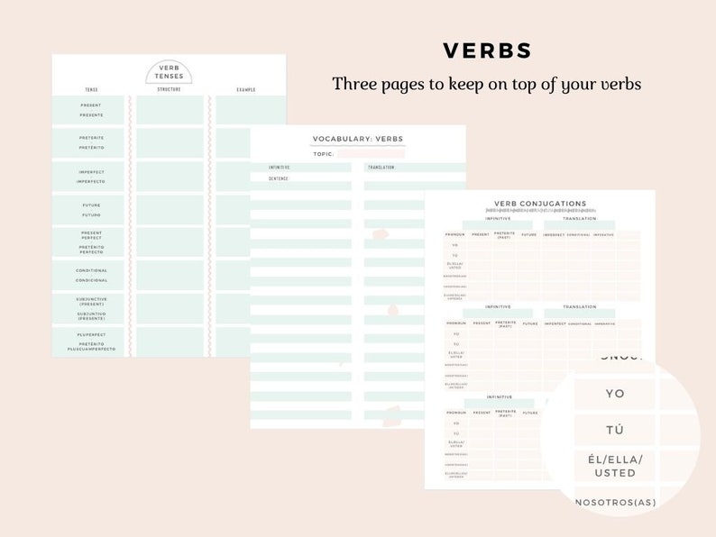 May include: Three printable worksheets for learning Spanish verb conjugations. The first page is a chart of verb tenses, the second page is a vocabulary list for verbs, and the third page is a chart for conjugating verbs in different tenses.