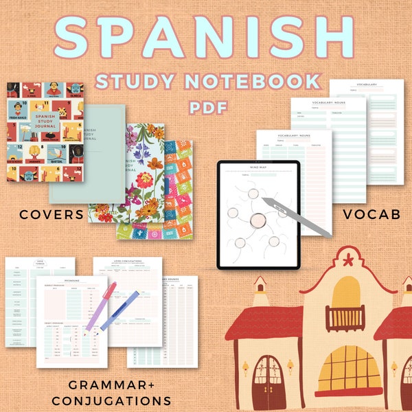 Spanish language learning notebook study journal, printable PDF/iPad notes template