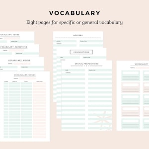 May include: Eight printable pages for vocabulary building. Each page has a different category, such as verbs, adjectives, nouns, adverbs, conjunctions, and spatial prepositions. The pages are designed with a light green and pink colour scheme.