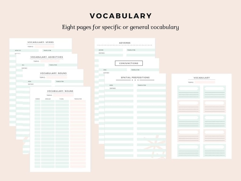 May include: Eight printable pages for vocabulary building. Each page has a different category, such as verbs, adjectives, nouns, adverbs, conjunctions, and spatial prepositions. The pages are designed with a light green and pink colour scheme.