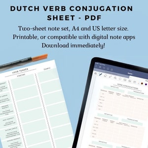 Dutch verb conjugation charts language learning notes, printable PDF/iPad notes,