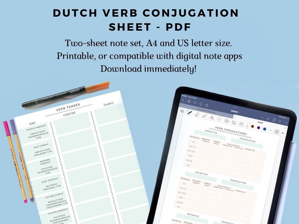 Dutch verb conjugation charts language learning notes, printable PDF/iPad notes,