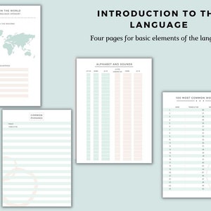 May include: Four printable pages for learning a new language. The pages include a world map, an alphabet chart, a list of common phrases, and a list of the 100 most common words.