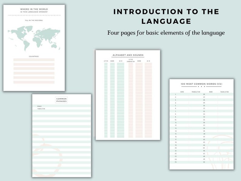 May include: Four printable pages for learning a new language. The pages include a world map, an alphabet chart, a list of common phrases, and a list of the 100 most common words.