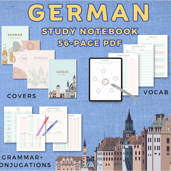 German language learning notebook study journal, printable PDF/iPad notes template Duolingo