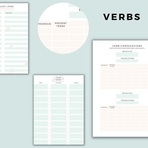 May include: Printable worksheet for learning verb conjugations in a foreign language. The worksheet includes sections for vocabulary, verb tenses, and verb conjugations.