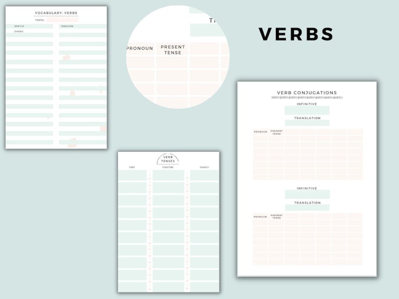 May include: Printable worksheet for learning verb conjugations in a foreign language. The worksheet includes sections for vocabulary, verb tenses, and verb conjugations.