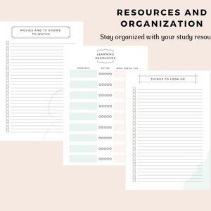 May include: A printable checklist for organising study resources. The checklist includes sections for movies and TV shows to watch, learning resources, and things to look up. The checklist is designed to help students stay organised with their studies.