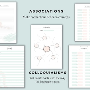 May include: A printable worksheet with a light blue and pink background. The worksheet is divided into sections with titles such as "Writing Practice", "Idioms", "Associations", "Mind Map", "Synonyms", "Antonyms", and "Colloquialisms".