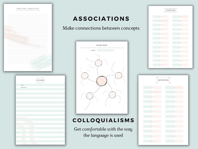 May include: A printable worksheet with a light blue and pink background. The worksheet is divided into sections with titles such as "Writing Practice", "Idioms", "Associations", "Mind Map", "Synonyms", "Antonyms", and "Colloquialisms".
