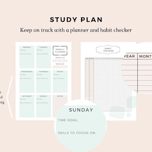 May include: A printable study planner with a weekly schedule, notes section, and a habit tracker. The planner has a light blue background with black text and a light pink background for the habit tracker.