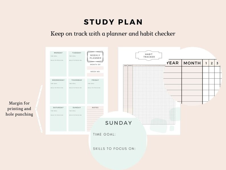 May include: A printable study planner with a weekly schedule, notes section, and a habit tracker. The planner has a light blue background with black text and a light pink background for the habit tracker.