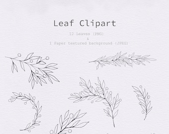 Fine line leaves Botanical line art on textured paper Hand drawn floral line clip art Decorative frame Fine art clipart Individual elements