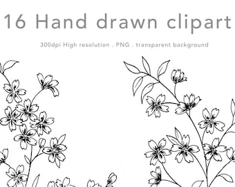 Cherry Blossom tree flower clipart set  Fine line art Hand drawn clipart Floral botanical clipart - Doodling style