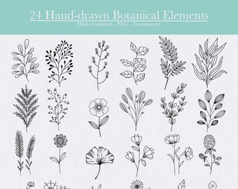 Botanical Clipart Hand Drawn Floral Leaves Flower drawing Decorative