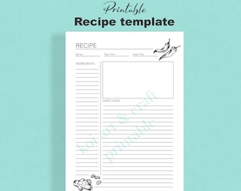 Printable Recipe template/ Cookbook /Recipe Binder /Recipe Sheet | Blank Recipe Book/Printable Recipe Page