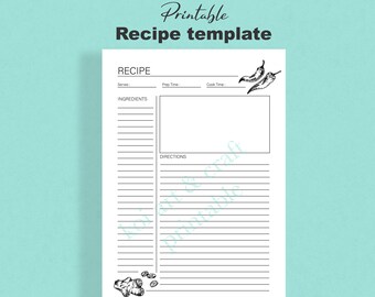 Printable Recipe template/ Cookbook /Recipe Binder /Recipe Sheet | Blank Recipe Book/Printable Recipe Page