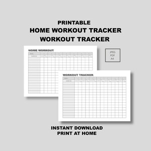 May include: Printable home workout tracker with the text "Home Workout Tracker" and "Workout Tracker". The design includes a weekly exercise chart with space to track progress. The image also includes the text "Instant Download Print at Home".