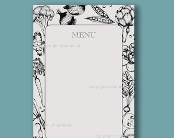 Printable Cafe Menu, Hand Drawn Vegetable Border (Digital Download)