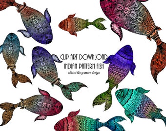 Indian pattern fish watercolor clip art/ Clipart-for Scarpbooking,10PNG files with Transparent Background/INSTANT DOWNLOAD