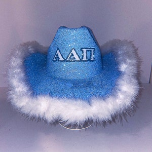 May include: A light blue cowboy hat with white feathers around the brim. The hat is covered in glitter and has the letters "AΔΠ" in white on the front.