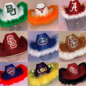 College Themed Glitter Cowboy Hat | Customizable Cowgirl Hat made to order with your logo FREE | Tailgate + Graduation Bed Party Apparel |