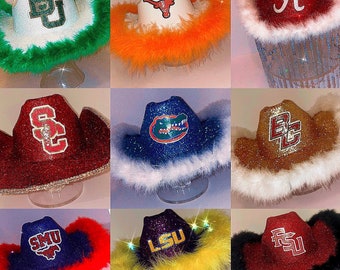 College Themed Glitter Cowboy Hat | Customizable Cowgirl Hat made to order with your logo FREE | Tailgate + Graduation Bed Party Apparel |