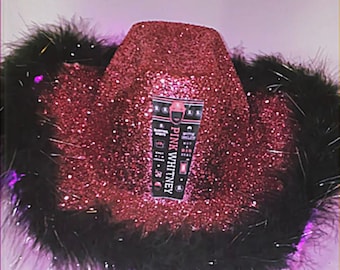 ¡Sombrero de vaquero rosa con purpurina Whitney! Sombrero de fiesta de vaquero iluminado, totalmente personalizado y hecho a pedido