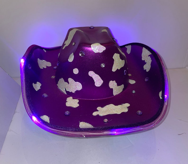 Purple Glitter Cowprint Cowboy Hat | Fully customizable cowgirl