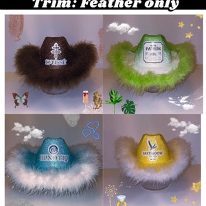 Peut inclure: Quatre chapeaux de cow-boy avec des paillettes de diff&eacute;rentes couleurs et des logos. Chaque chapeau est orn&eacute; d'une garniture en plumes blanches.