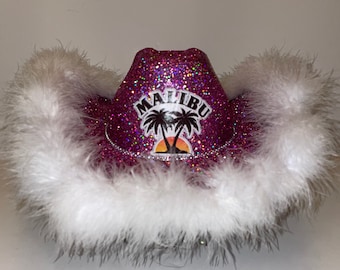 ¡Sombrero de vaquero rosa con purpurina Malibu! Sombrero de fiesta de vaquero iluminado, totalmente personalizado y hecho a pedido