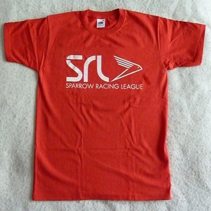 May include: Red t-shirt with a white logo that says "SRL Sparrow Racing League".