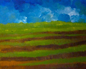 Acrylic Painting of a Field and Blue Sky