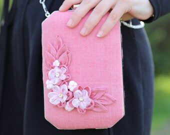 Handmade Pink Hemp Clutch Purse: Floral Evening Bag