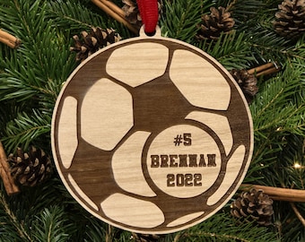 Personalized Soccer Ball Christmas Ornament, Engraved Alder Wood