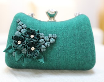 Handmade Emerald Green Clutch Floral Evening Purse