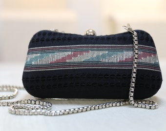 Handmade Hemp Clutch Purse: Black Evening Bag with Shoulder Chain