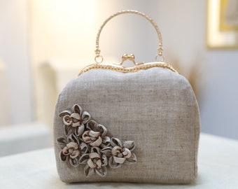 Bolso de mano color capuchino con flores de primavera, bolso de fiesta, salida nocturna, bolso de noche, hecho a mano, bolso de cáñamo, bolso de noche, bolso de boda