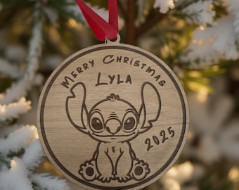 Character Christmas Personalized Stitch Ornament Custom Year Disney-Inspired Holiday Ornament Laser Engraved Wood Gift