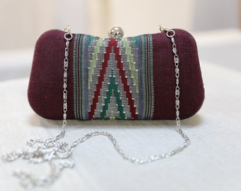 Handmade Burgundy Clutch Purse: Hemp Cotton Evening Bag with Chain
