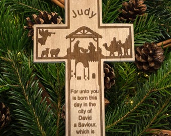 Personalized Nativity Cross Ornament, Engraved Wood, Luke 2:11