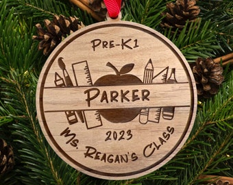 Personalized Teacher Christmas Ornament: Laser Engraved Alder Wood Keepsake