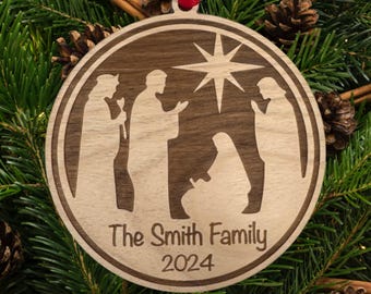 Personalized Nativity Ornament: Laser Engraved Wood, Religious Gift