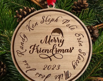 Personalized Friendsmas Ornament, Laser Engraved Wood, Santa Hat