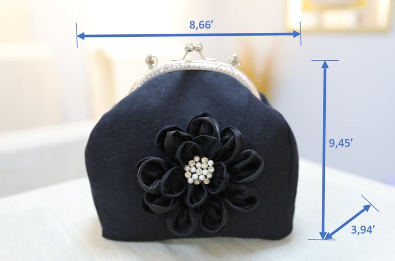 Design fleur noire, sac à main, sac à main poignet, sac à main de bal de finissants, soirée, sac à main de soirée, fait main, sac à main en chanvre, sac à main de nuit, sac à main de mariage image 2