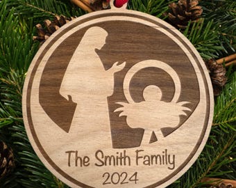 Personalized Nativity Ornament: Laser Engraved Wood, Religious Gift