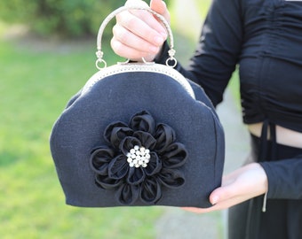 Handmade Hemp Wrist Purse: Black Flower Evening Bag