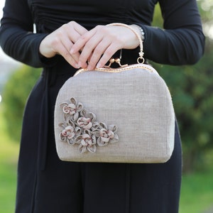 Bolso de mano color capuchino con flores de primavera, bolso de fiesta, salida nocturna, bolso de noche, hecho a mano, bolso de cáñamo, bolso de noche, bolso de boda imagen 8