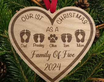 Personalized Family Christmas Ornament: Engraved Alder Wood Heart