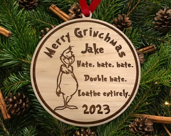 Personalized Grinch Ornament: Laser Engraved Red Alder Wood